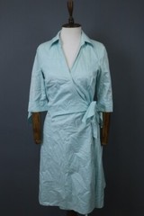 Laurel Blue 100% Cotton Collared Belted Tie Waist 3/4 Sleeve Wrap Dress Size 36