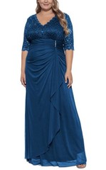 Betsy & Adam Woman’s Plus Size Ruched V-Neck Gown-Peacock, Size-22W