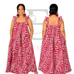 Red African Print Maxi Dress with Ruffle Straps | One Size (S–2XL)