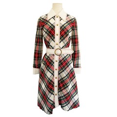 KOLLECTION Belted Dress Fit & Flare Plaid Seersucker Piqué Accents Sz S Vintage
