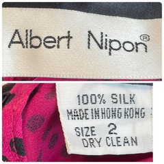 Albert Nipon Vintage Silk Pink Black Polka Dot Bow Tie Midi Shirtdress 2