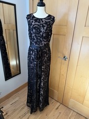 Adrianna Papell Black Floral Lace Maxi Dress Round Neck Sleeveless Lined 12