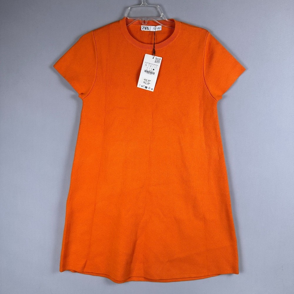 Zara knitted Tunic Dress Womens Size Large Cap-Sleeves Crew-Neck Orange
