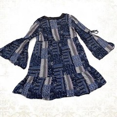 Style co boho multi pattern patchwork dress with bell sleeves