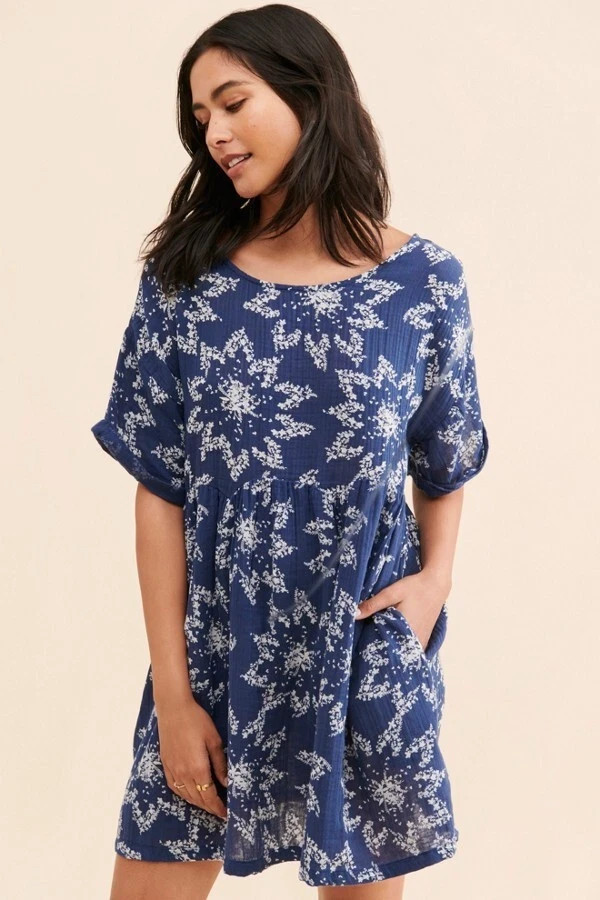 Free People Belezza Printed Babydoll Dress Blue Scoop Neck Pull On Medium M NEW