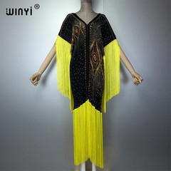Women&rsquo;S Pleated Fringed Elastic Slim Dress Crumple Design Loose Boho Robe Eveni