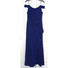 Ignite Evenings Off the Shoulder Ruffle Drape Slit Crepe Gown Blue Size 16 $239