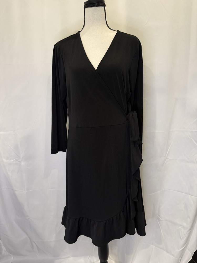 Coquettish Black Plunge Neck Bodycon XL LBD Ruffle Hem Tie Waist