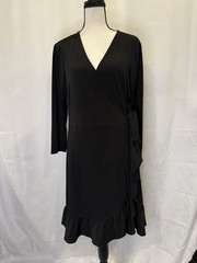 Coquettish Black Plunge Neck Bodycon XL LBD Ruffle Hem Tie Waist