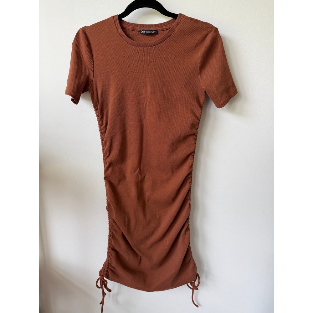 Zara Womens Rust Brown Ribbed Ruched Side Drawstring Mini Dress Size L 3253/801