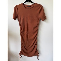 Zara Womens Rust Brown Ribbed Ruched Side Drawstring Mini Dress Size L 3253/801