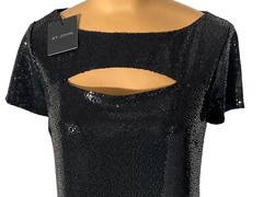 NWT ST. JOHN Knits Black Sequin Stretch Crepe Sheath Shift Dress sz 16 $1495