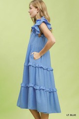 Umgee Textured Ruffle Sleeve Tiered Midi Dress – Lt. Blue – Large
