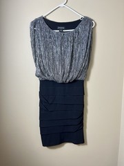 Enfocus Studio Silver Black Blouson Dress Size 4 Tiered Bandage Cocktail Glam