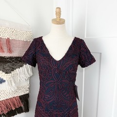 JS Collections Short Sleeve Soutache Cocktail Dress Navy Blue Burgundy Sz 4 NWT
