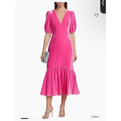 REVOLVE Rhode Jaipur V-Neck Puff Sleeve Midi Dress in Hot Pink