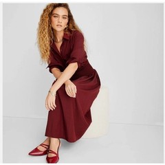 Collared Long Sleeve Smocked Midi Shirtdress XS Merlot Red Future Collective NWT