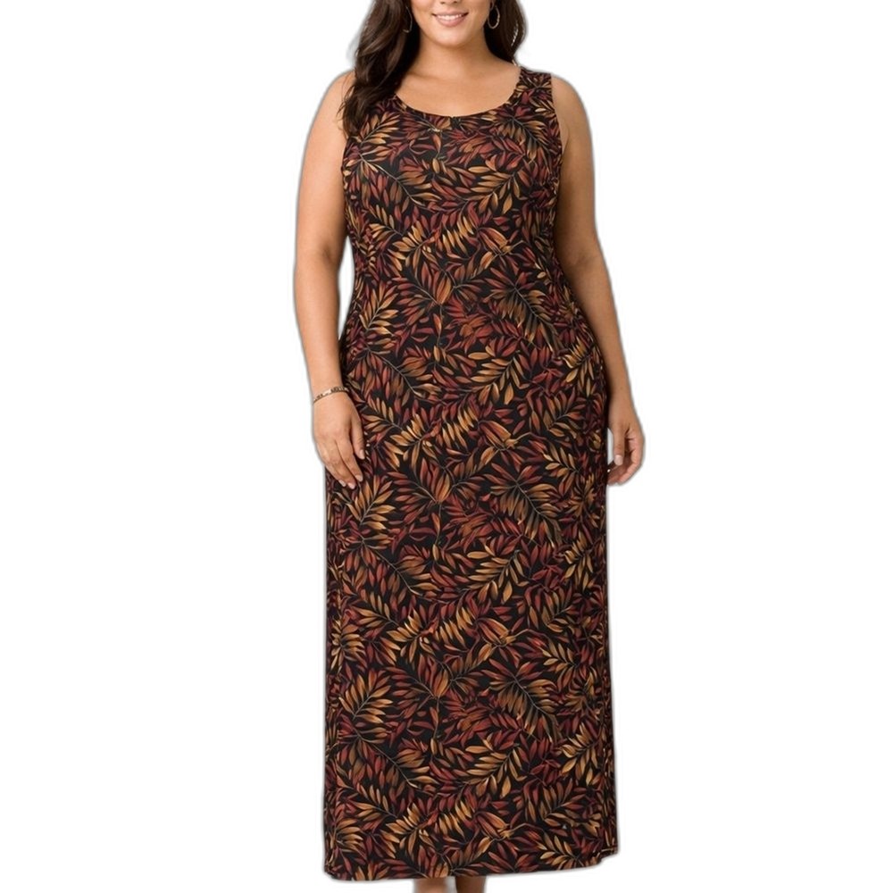 Studio I Maxi Dress 16W Autumn Leaf Print Sheath 54” Long Sleeveless Minimalist