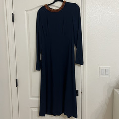 Dries Van Noten Navy Beaded Round Neck A-Line Midi Dress Long Sleeve 40