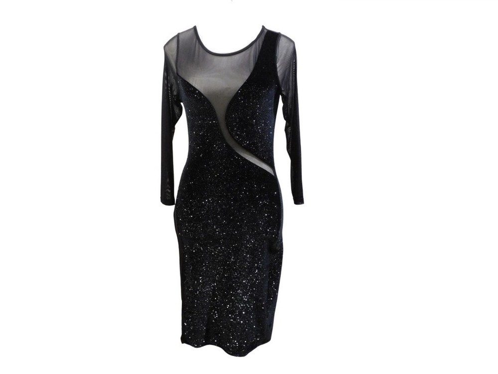Frederick&rsquo;s Black Glitter Mesh Sheer Long Sleeve Bodycon Dress S