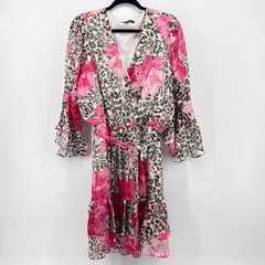 Boston Proper Pink Floral Leopard Print Wrap Dress Gold Lurex Bell Sleeve Large
