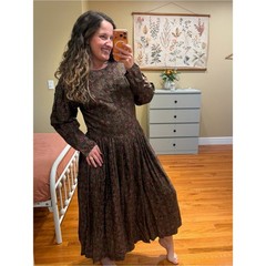 Vintage Putumayo Dark Floral Long Sleeve Midi Dress – Brown/Green Red Medium