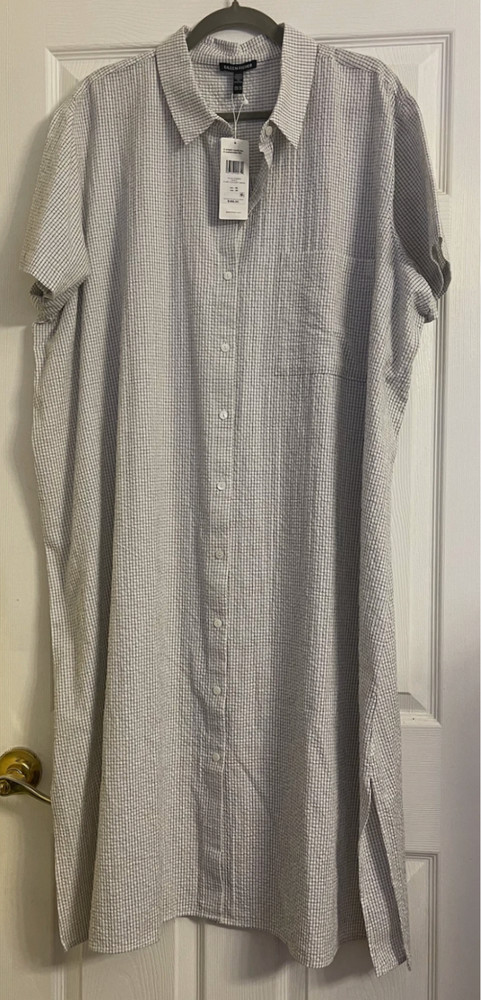 NWT $188 Eileen Fisher White Organic Cotton Ripple Classic Collar Dress XL