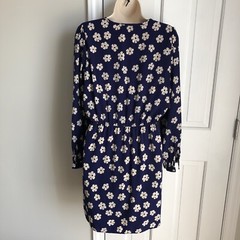 Brigitte Bailey Mini Size L Long Sleeve Floral On Blue Vneck Faux Wrap
