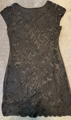 Damee Inc Black Soutache Lace Dress Size 14 VTG Midi Sheer Stretch Short Sleeve