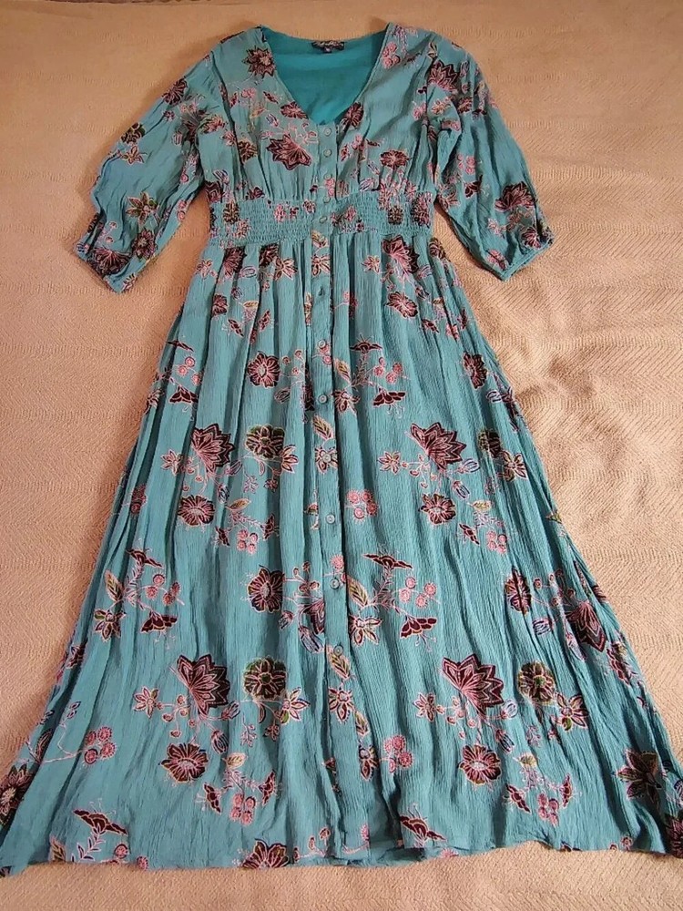 New J. Glee Dress Sz L (8-10) Stripes Midi 97% Cotton Short Sleeves Maxi Floral