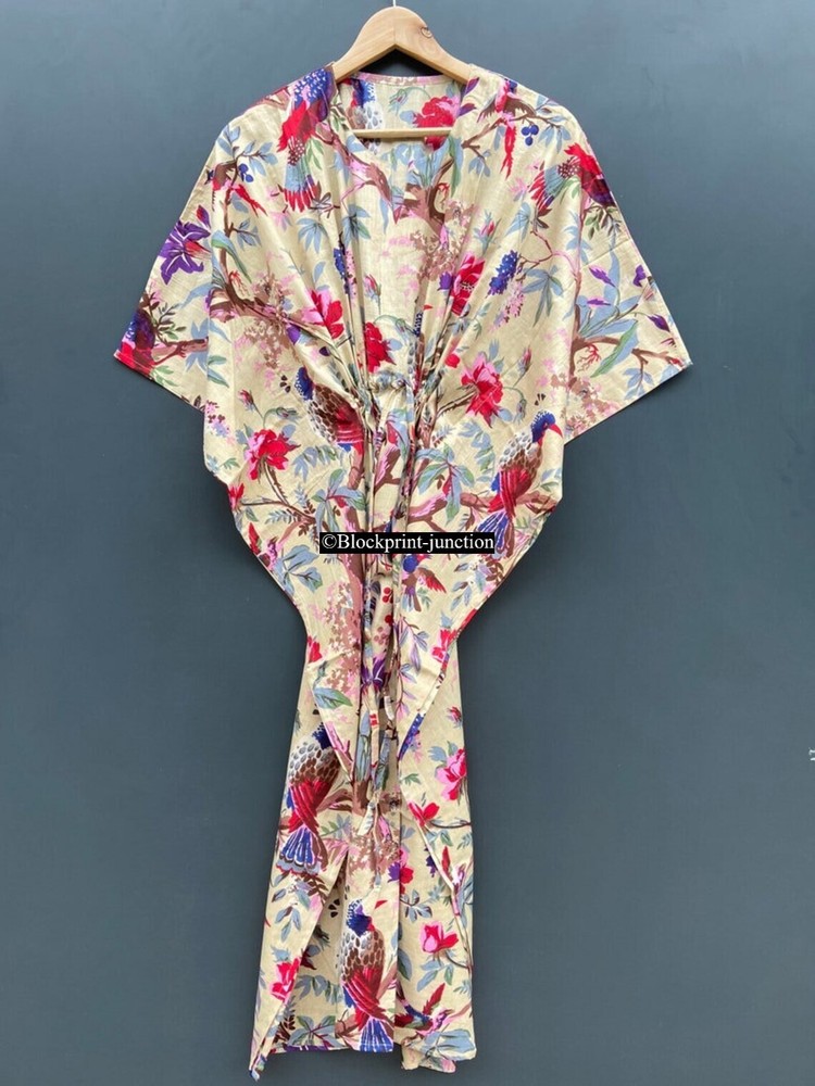 Indian Beige Long Bird Print Cotton Hippie Maxi Women Nightwear Caftan Dress
