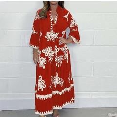 NWT Red/White Floral Maxi Dress V-Neck Button 3/4 Bell Sleeve Women size 3x