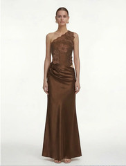 JW PEI One-Shoulder Brown Floral-Appliqué Satin Gown
