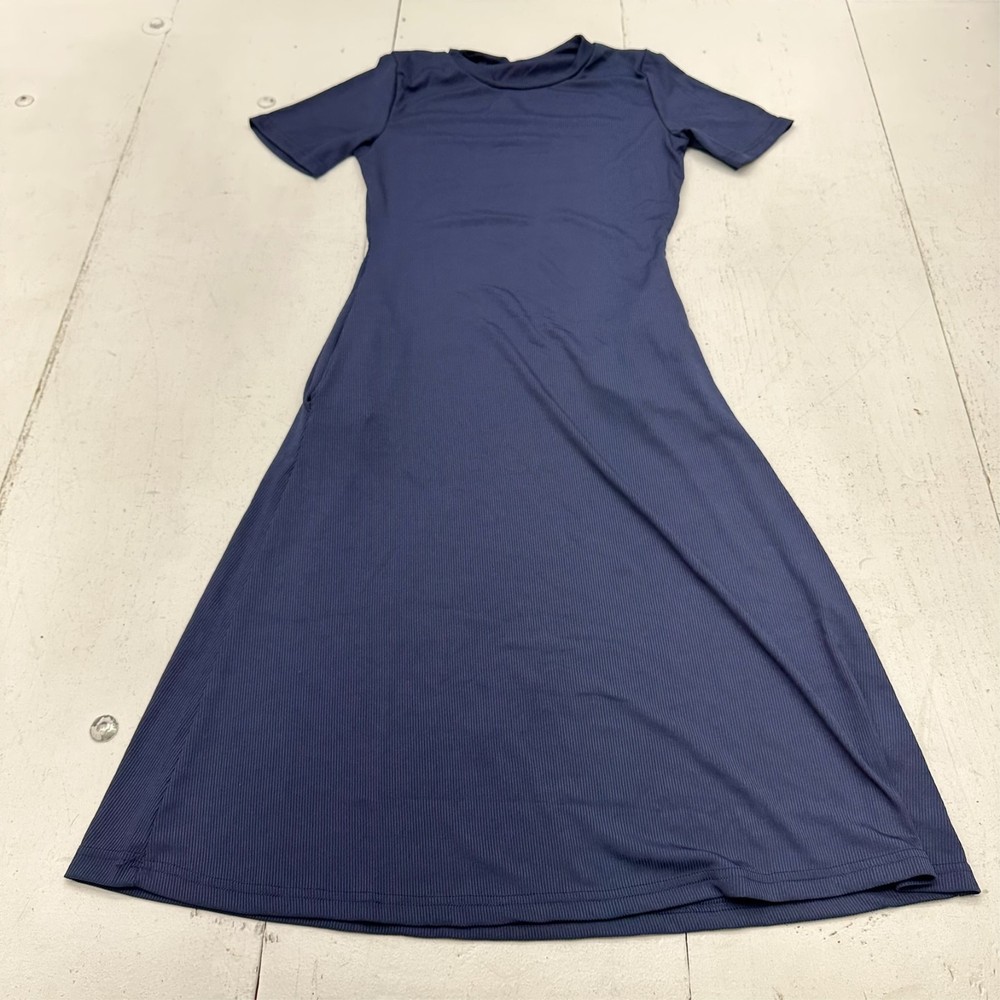 Navy Blue Solid Soft Short Sleeve Crew Neck Pocketed Dress Women&rsquo;s Size Medium