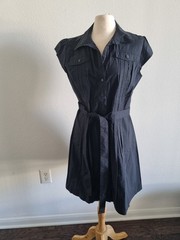 Black XL collared Sheath Dress 97% Cotton Buttoned Cap Sleeve Tie Waist Dress