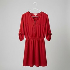 Speed Control Red Zip Front Roll Tab Sleeve Dress Elastic Waist Size S