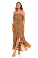 Wishlist Apparel Camel Off-Shoulder Ruffled Maxi Dress (Size S)