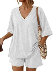 2 Piece Sets for Summer 2026 Lounge Short Set V Neck Oversized Top & Loose Fi…