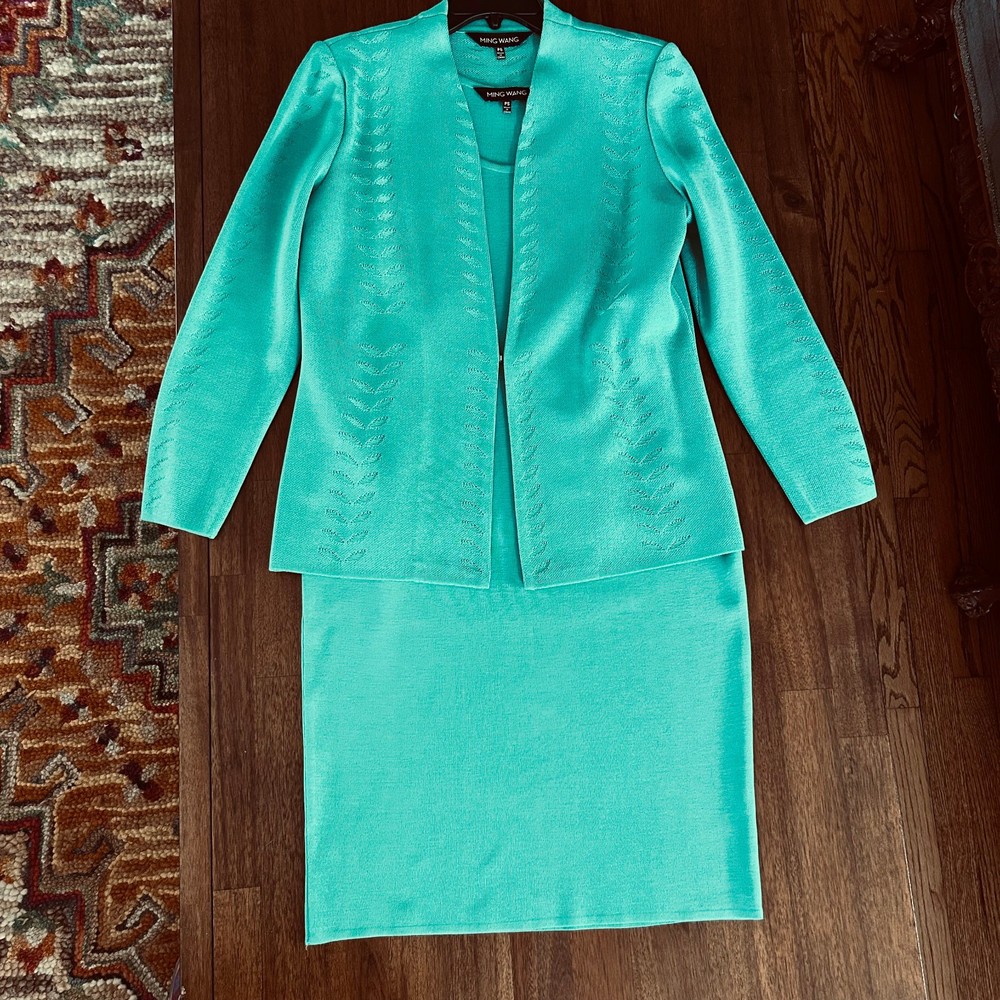 Ming Wang PS Teal Knit Sweater Shift Dress Longsleeve Cardigan Jacket Easter