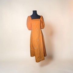 SHEIN Orange Puff Sleeve Floral Embroidered Midi Dress with Back Tie