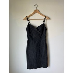 Bisou Bisou Michele Bohbot Black Stretch Denim Mini Dress V-Neck Y2K Size 2