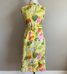 Vintage Tori Richard MCM Yellow Floral Watercolor Shift Dress Medium Retro 60s
