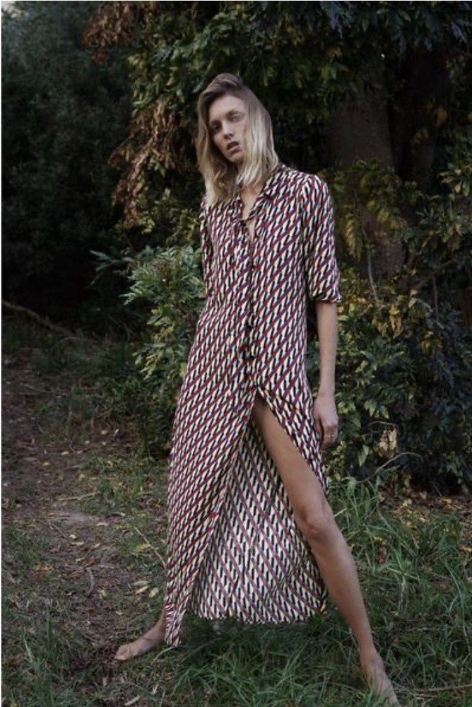 Zara Multicolor Geometric Print Shirt Dress Collared Button Long 3/4 Sleeve M