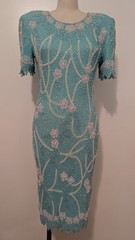 Vintage 80s Womens Teal Blue Floral Beaded Sequin Carina Dress XS