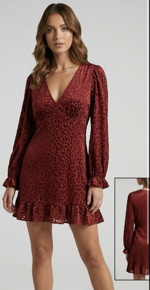 River Island Rust Long Sleeve Silky Mini Dress. Deep V. Size 10 Animal Design