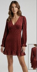 River Island Rust Long Sleeve Silky Mini Dress. Deep V. Size 10 Animal Design