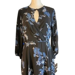Maison Tara Black Blue Floral Chiffon Maxi Dress Long Sleeve 91123M Size 6