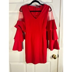 INA Red Sheer Mesh Ruffle Sleeve V Neck Mini Dress Size S