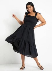 ELOQUII black smocked ruffle strap midi dress in black size 26/28 Plus Size