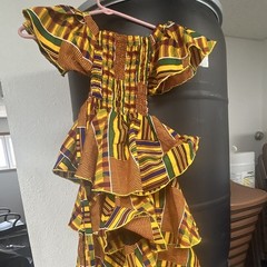Off Shoulder Smocked Ruffle Kente Maxi Dress Cotton One Size Yellow Green